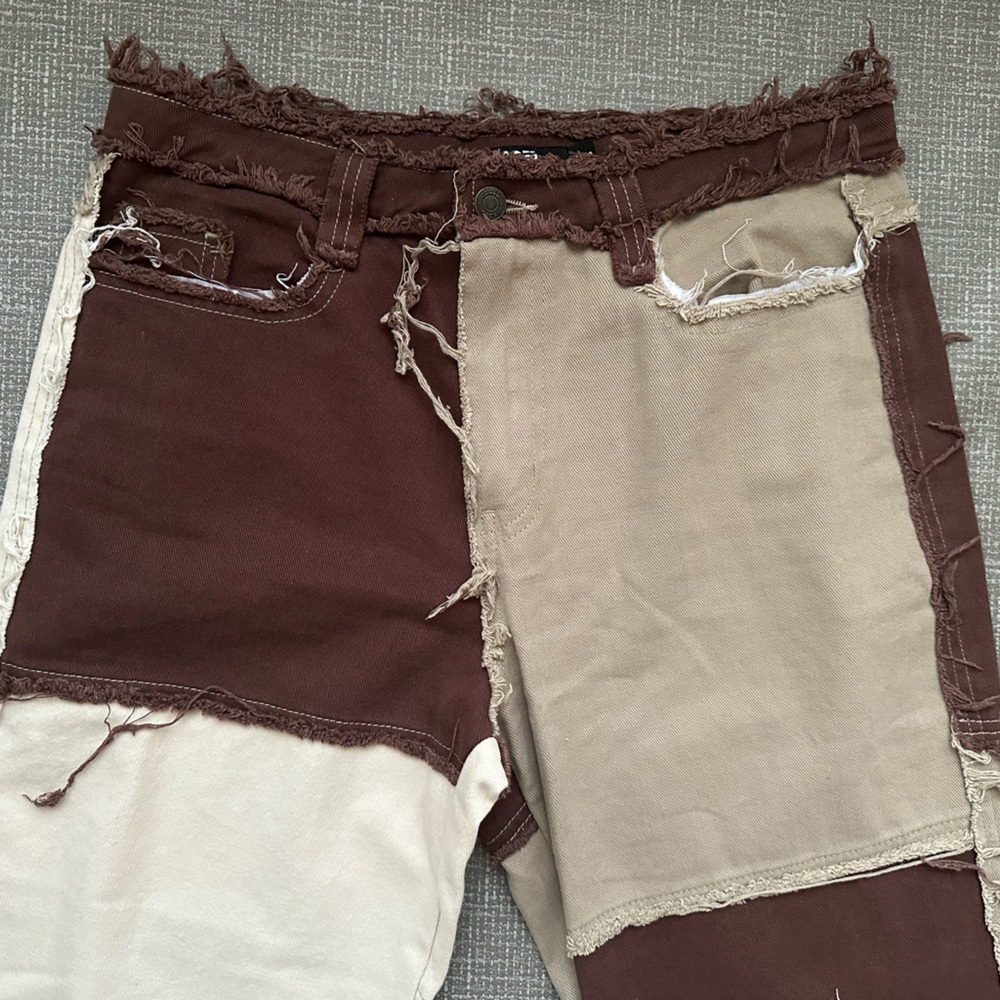 Patchwork Boyfriend Pants Brown Tan Cream Distressed Raw Edge Y2K Grunge Sz W 30 - Picture 5 of 16